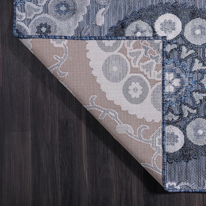 CAMILSON Indoor Outdoor Rug 9x12 Bohemian Medallion Floral Area Rugs for Indoor and Outdoor Patios Easy-Cleaning Non-Shedding Living Room Garden and Kitchen Washable Outside Carpet (9 x 12 / Navy)