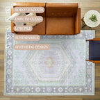 Fame Living Washable Area Rug. Modern Farmhouse. Vintage. Turkish. Bohemian. Distressed. Oriental. Traditional. Rugs for Living Room. Dining. Bedroom. Office. Entryway. Foyer. (856GrnCrm, 2'5" x 6'5")