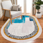 Vintage Luxury Grey Blue Gold Abstract Geometric Texture Oval Area Rug 8x10 for Living Room Bedroom Dining Room Minimalist Bordered Large Rugs Nursery Dorm Kitchen Entryway Soft Non Skid Floor Carpet