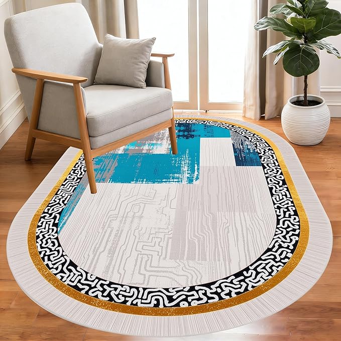 Vintage Luxury Grey Blue Gold Abstract Geometric Texture Oval Area Rug 2x3 for Living Room Bedroom Dining Room Minimalist Bordered Large Rugs Nursery Dorm Kitchen Entryway Soft Non Skid Floor Carpet