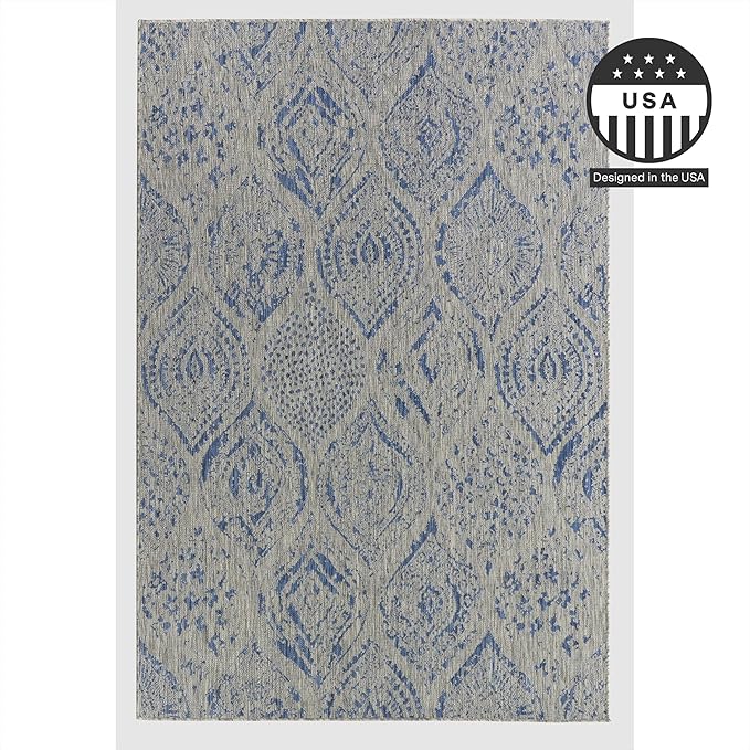 FH Home Outdoor Area Rug - Waterproof Easy to Clean Stain Resistant - Patio Indoor Outdoor Porch Deck Balcony Entryway - Distressed Farmhouse - Granada - Blue - 7ft 8in x 9ft 8in