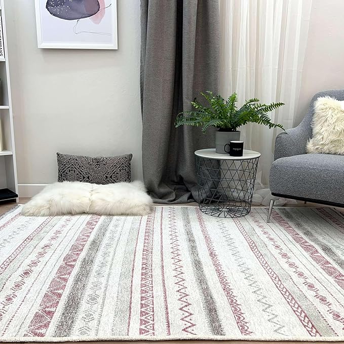 Alfa Rich 3x5 Mauve Off White Washable Area Rugs for Living Room Bedroom Kitchen Decor Cotton Runner