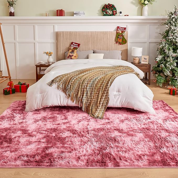 Andency Soft Area Rugs for Living Room Bedroom, 5x8 Fluffy Shaggy Bedside Rug, Non-Slip Large Shag Fuzzy Plush Carpets for Bedroom Kids Dorm Nursery Home Decor Aesthetic, Tie-Dyed Dark Red