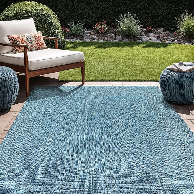 Beverly Rug Indoor Outdoor Rug 8x10, Washable Outside Carpet for Patio, Deck, Porch, Solid Modern Area Rug, Water Resistant, Aqua Blue