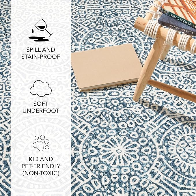 Dash and Albert Temple Ink Machine Washable Area Rug - Runner - 2.5' x 8' Blue - Geometric Accent Rug - Anti-Slip Backing, Lightweight, Machine Washable, High Traffic Areas Kitchen, Mudroom, Entryway