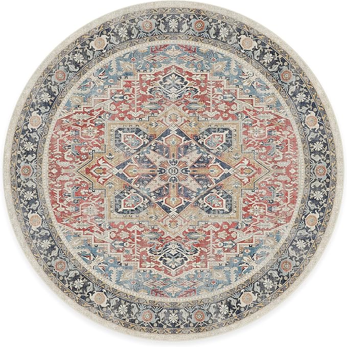 RUGGABLE Washable Vintage Area Rug – Kamran Cayenne Red 8 ft Round, Stain-Resistant, Non-Slip – Large Machine Washable Rugs for Living Room, Bedroom, Hallway, Entryway & Office–with Cushioned Pad
