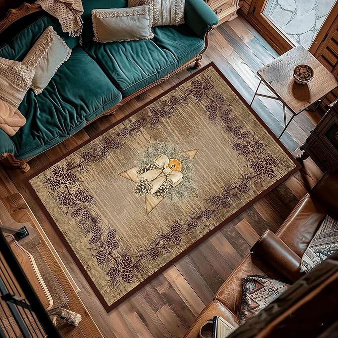Vintage Pine Cone Area Rug 3x4ft Rustic Lodge Wooded Pine Cone Area Rug Wood Grain Star Leaf Distressed Indoor Non-Slip Washable Carpet for Dormitory Study Room Fireplace Office