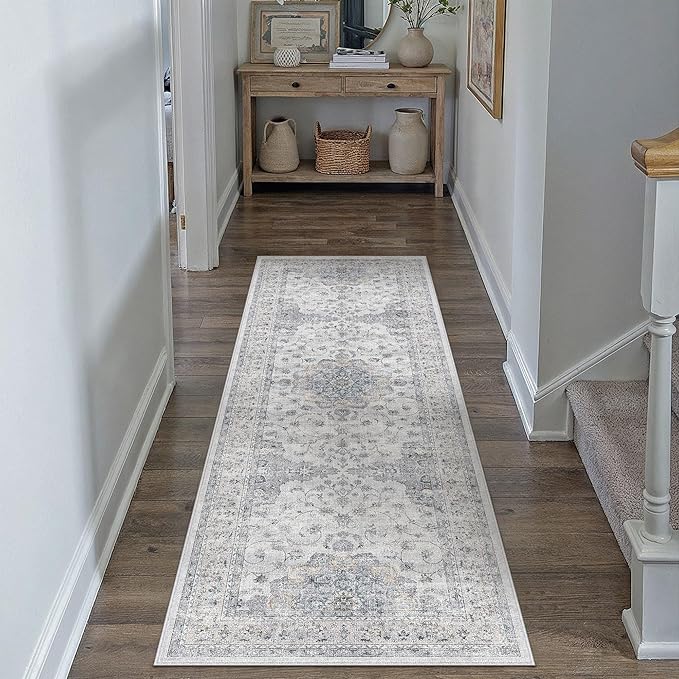 HUGEAR Machine Washable Hallway Runner Rugs 2x6 Vintage Blue Neutral Style Non Slip Stain Resistant Low Pile Throw Carpet for Bedroom Kitchen Retro Aesthetic Modern Decor