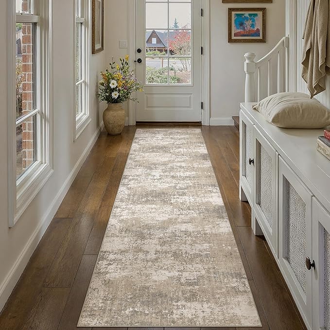 Runner Rug 2x8 Beige Machine Washable Modern Abstract Hallway Carpet Non Slip Neutral Long Carpet Low Pile Soft Non Shedding Contemporary Rug for Bathroom Laundry Kitchen Bedroom
