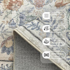 Washable Living Room Rug: 8x10 Boho Floral Soft Area Rug for Bedroom Decor - Vintage Low Pile Thin Carpet for Dining Room Non-Slip - Farmhouse Stain Resistant Rugs - Beige Blue