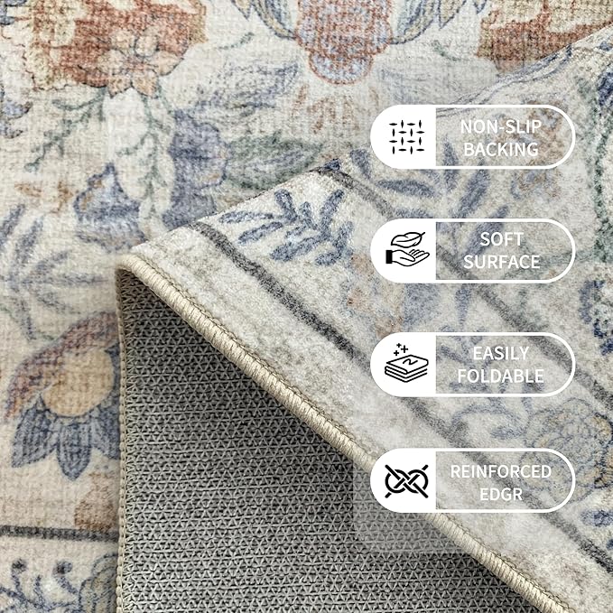 Washable Living Room Rug: 6x9 Boho Floral Soft Area Rug for Bedroom Decor - Vintage Low Pile Thin Carpet for Dining Room Non-Slip - Farmhouse Stain Resistant Rugs - Beige Blue