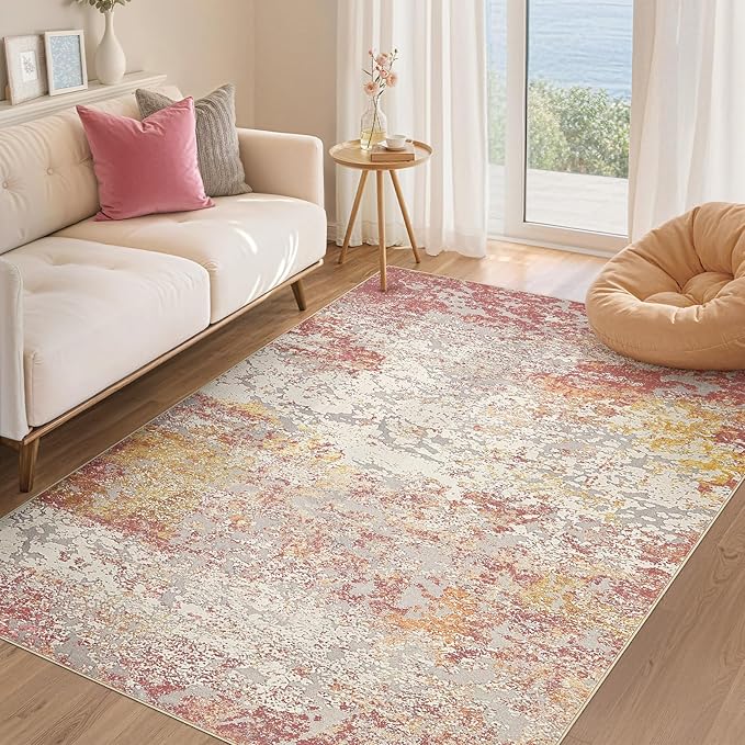 Area Rug Living Room Rugs - 5x7 Washable Large Soft Indoor Neutral Modern Abstract Low Pile Rug Carpet for Bedroom Dining Room Farmhouse Home Office - Colorful
