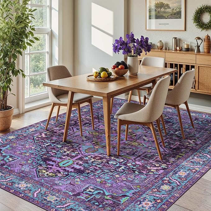 Kokia 6x9 Washable Area Rugs Violet Purple with Vintage Orient Design Soft Rug for Living Room or Home Office Non-Slip Low Pile Stain Resistance Features Distressed Medallion Pattern