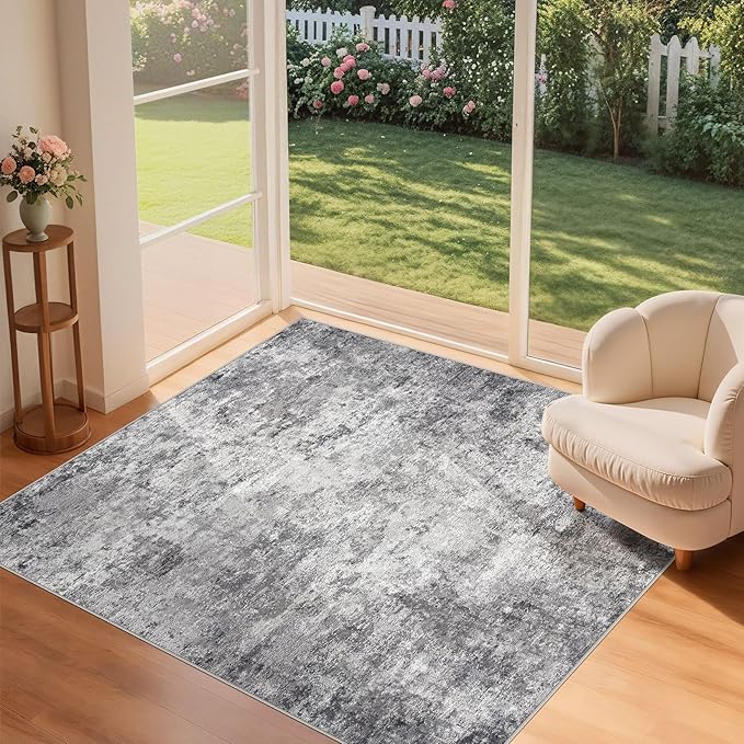 Square Area Rugs : Washable 5x5 Neutral Modern Abstract Carpet for Living Room Bedroom - Soft Floor Mat with Non Slip Backing for Kitchen Nursery Dorms Farmhouse Home Decor - Grey