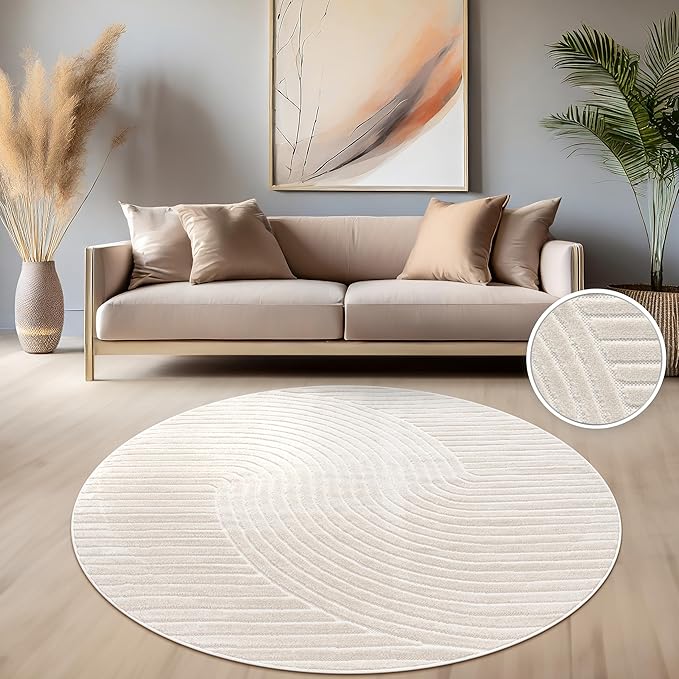 Paco Home Modern Area Rug with Raised Curved Line Pattern – Minimalist Design in Cream, Size: 4' Round