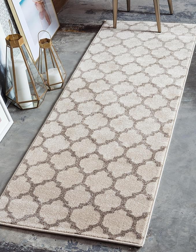 Rugs.com Lattice Collection Rug – 20 Ft Runner Beige Medium Rug Perfect for Hallways, Entryways