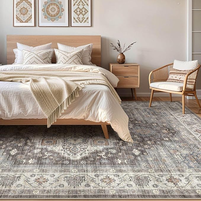 9x12 Area Rug Living Room: Washable Boho Large Neutral Vintage Soft Rugs Stain Resistant Farmhouse Non-Slip Indoor Floor Carpet for Bedroom Nursery Kids Office Dining Room Playroom- Grey Brown