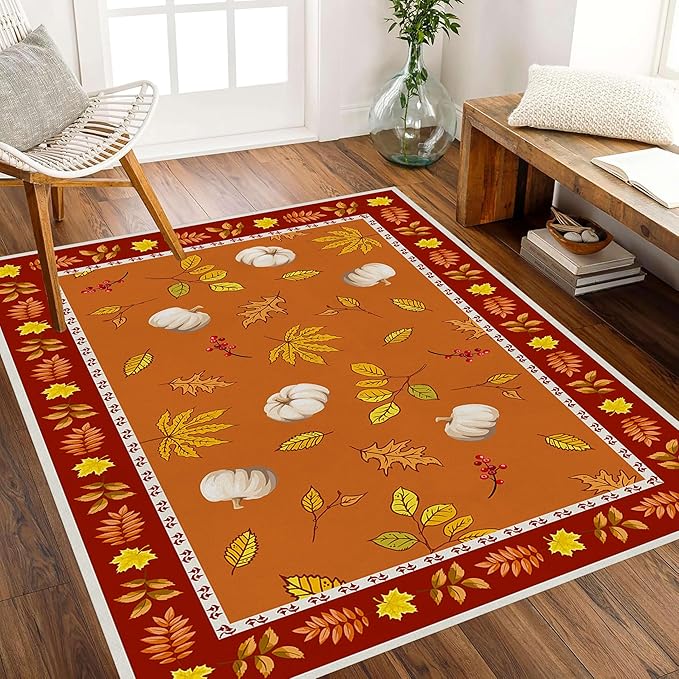 Fallen Leaves Carpet for Kitchen, 5x8ft, Autumn Pumpkins with Leave Orange Area Rug, Indoor Ultra-Thin Foldable Machine Washable Fun Pumpkin Bath Mat for Home Office Relax Room