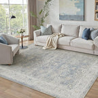 8x10 Blue Washable Area Rug for Living Room Bedroom Neutral Soft Non Slip Rug Low Pile Vintage Distressed Carpet for Dining Room Nursery Office Indoor
