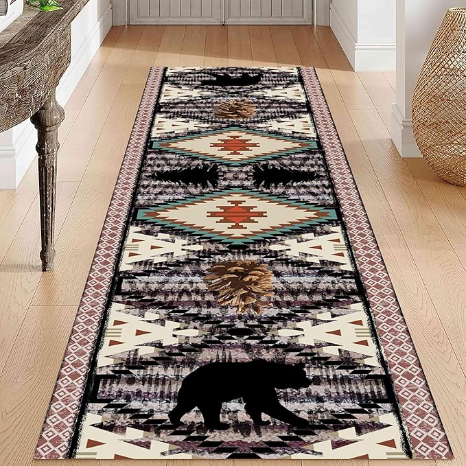 Wild Animal Bohemian Southwestern Country Hallway Rug, 4x10ft, Bear Pine Cone Long Runner, Comfortable Breathable Vintage for Kitchen Dining Room Office