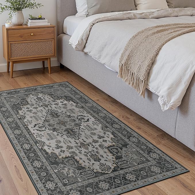 Bavni Vintage 3x5 Area Rugs, Boho Oriental Living Room Rug, Machine Washable Rug Non Slip, Distressed Print Indoor Small Black Rugs, Low Pile Ultra-Thin Soft Carpet for Bedroom, Dining Room, Farmhouse