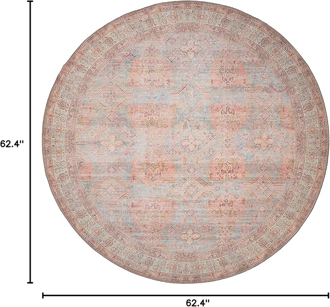 GLN Rugs Traditional Collection - Machine Washable Area Rug, Traditional Washable, Non Slip, Low Pile Chenille Rug, Living Room, Bedroom, Kitchen Rug (5'3" Round Terra/Multicolor 1153)