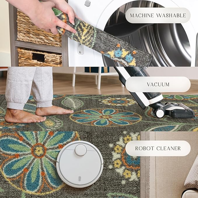 Maples Rugs Reggie Floral Runner Rug - Made in USA - Washable, Non Slip Indoor Carpet for Kitchen, Hallway, and Laundry Room, 2'6" x 5', Dark Grey