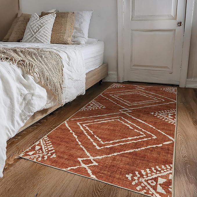 ReaLife Rugs Machine Washable Area Rug - Living Room Bedroom Bathroom Kitchen Entryway Office - Padded Low Pile Stain Resistant Premium - Moroccan Diamond Tribal - Jax - Orange 4' x 6'