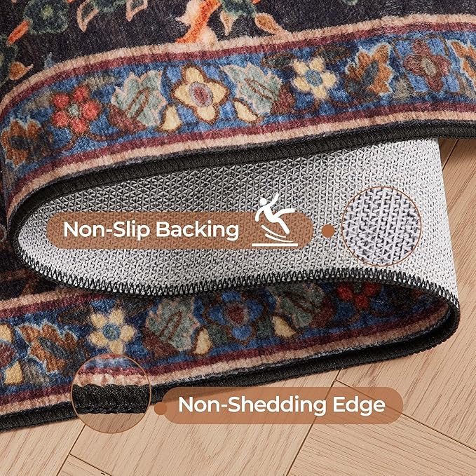 Kokia Boho Vintage Floral Area Rugs, Washable Oriental Botanical Rugs for Living Room, Bedroom, Dining Room, Office, Soft Indoor Area Rug, Wild Black，6x9