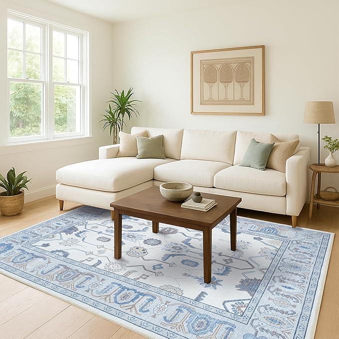 Fame Living Cream Blue Oushak Rug, Modern, Vintage, Turkish, Eclectic, Floral, Pastel, Washable, Area Rugs for Living Room, Dining, Bedroom, Nursery, Girls, Boys, 5'9"x8'9"