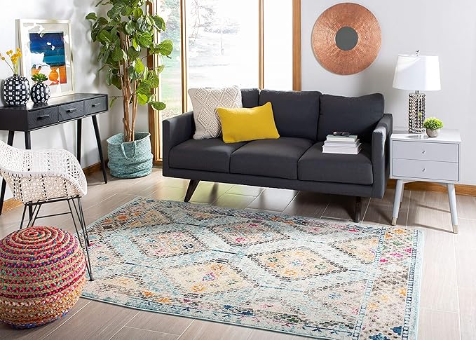 SAFAVIEH Madison Collection Area Rug - 3' Square, Blue & Yellow, Boho Diamond Distressed Design, Non-Shedding & Easy Care, Ideal for High Traffic Areas in Living Room, Bedroom (MAD418K)
