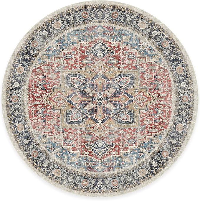 RUGGABLE Washable Vintage Area Rug – Kamran Cayenne Red 6 ft Round, Stain-Resistant, Non-Slip – Medium Machine Washable Rugs for Living Room, Bedroom, Hallway, Entryway & Office–with Standard Pad