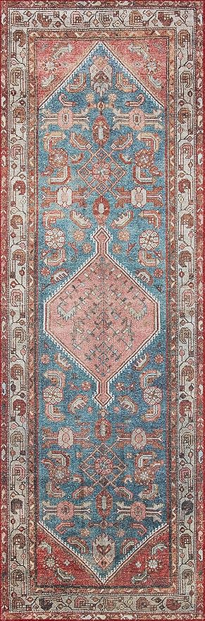 Loloi Layla Collection LAY-10 Marine/Clay 5'-0" x 7'-6" .13" Thick Area Rug, Soft, Durable, Vintage Inspired, Distressed, Low Pile, Non-Shedding, Easy Clean, Printed, Living Room Rug