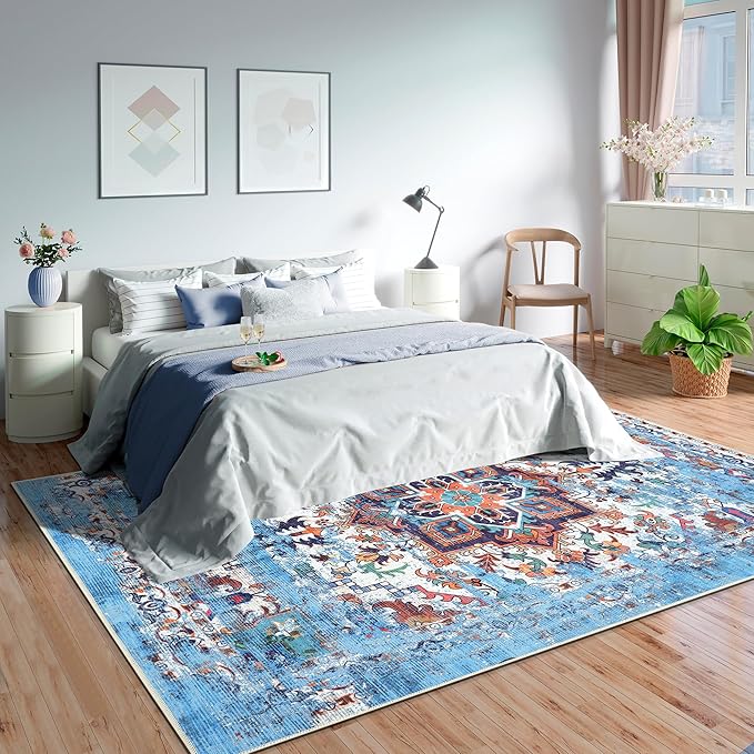 GLN Rugs Traditional Collection - Machine Washable Area Rug, Traditional Washable, Non Slip, Low Pile Chenille Rug, Living Room, Bedroom, Kitchen Rug (8' x 10' Blue/Multicolor)