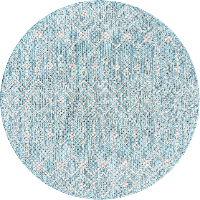Unique Loom Outdoor Trellis Collection Area Rug - Tribal Trellis (3' 3" Round, Aqua/ Ivory)