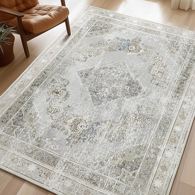 Phantoscope Washable Area Rug 4'x6' Non-Slip, Vintage Neutral Rugs for Living Room, Bedroom, Dining Room, Distressed Boho Medallion Pattern, Low-Pile Foldable Floor Carpet, Silver Grey/Taupe