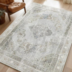 Phantoscope Washable Area Rug 5'x7' Non-Slip, Vintage Neutral Rugs for Living Room, Bedroom, Dining Room, Distressed Boho Medallion Pattern, Low-Pile Foldable Floor Carpet, Silver Grey/Taupe