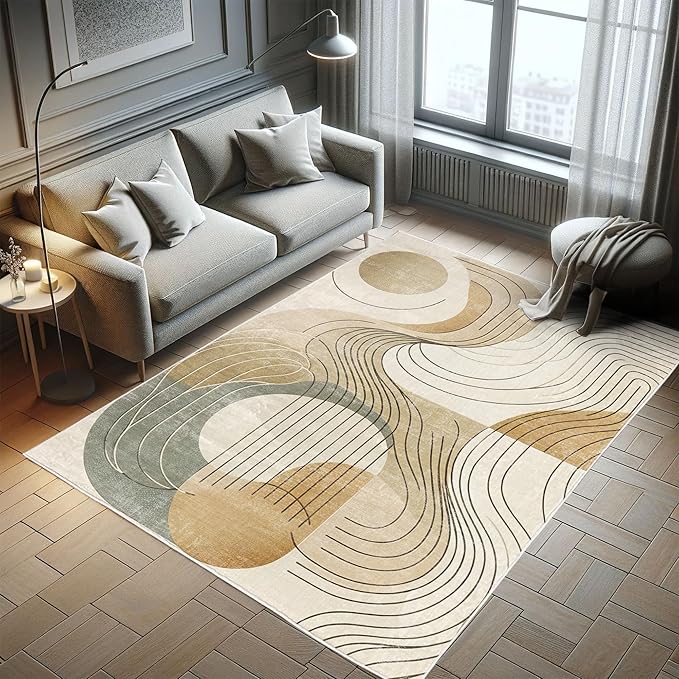 Ambesonne Modern Boho Decorative Rug, Abstract Geometry Earth Tones Swirls and Rounds Mid Century Details, Quality Carpet for Bedroom Dorm and Living Room, 2' x 5', Tan Beige Grey Teal