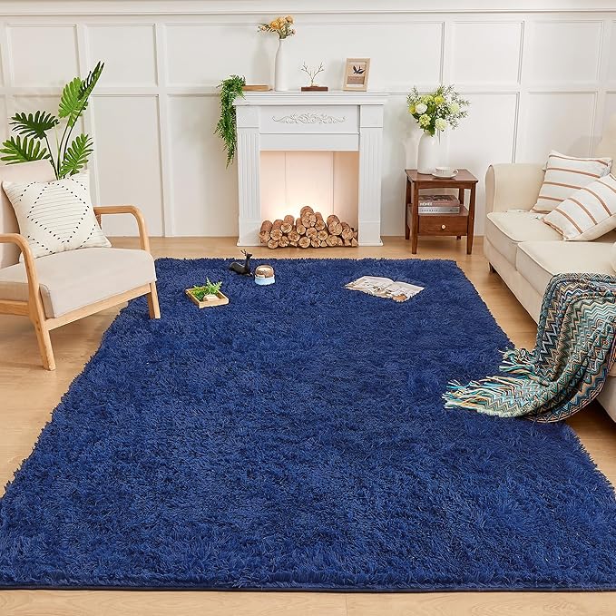 Andency Navy Soft Area Rugs for Living Room Bedroom, 3x5 Non-Slip Fluffy Shag Carpet, Indoor Floor Fuzzy Shaggy Living Room Plush Rug for Kids Dorm Nursery Home Decor Aesthetic