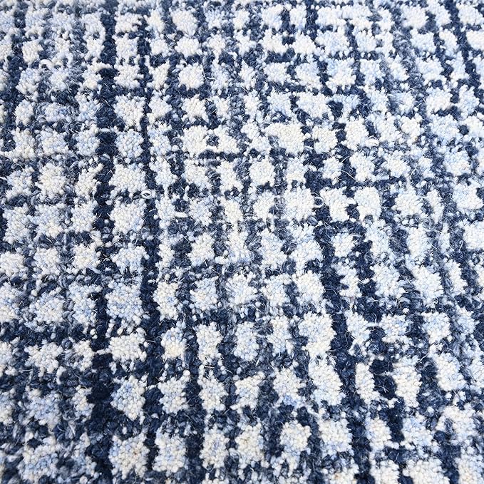 Hand-Tufted 100% Wool Pile Area Rug – Geometric Textured Grid Check Pattern – Thick and Durable Floor Carpet for Bedroom, Living Room, Kids Room, and Dining Area (Navy Blue, 2' x 3')