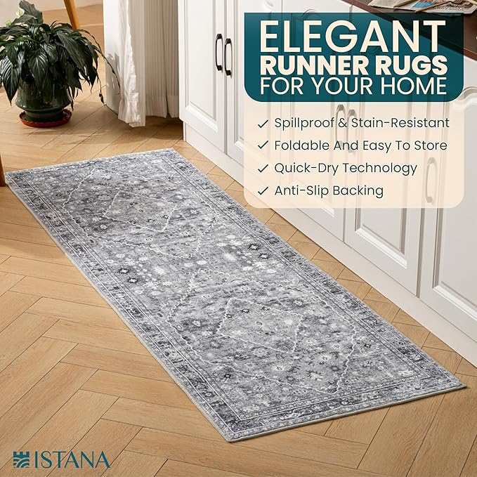 Istana Hallway Runner Rug 2x6 - Grey Kitchen Rugs Non Slip Washable -Silk's Soft Touch Carpet Runner - Stylish Rug for Home