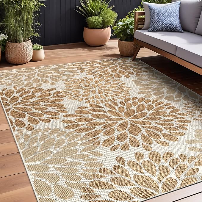 Beverly Rug Outdoor Rug 8x10 Modern Exotic Tropical Leaf Area Rugs for Indoor and Outdoor Patio Deck Porch Garden Water Resistant Washable Outside Carpet (8 x 10 Beige)
