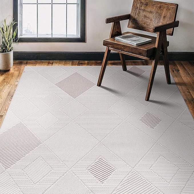 CAMILSON Micro Loop Rug 5x7 Modern Luxury Geometric Diamond Trellis Area Rugs Soft High and Low Pile Stain Resistant Easy-Cleaning Non-Shedding for Living Room Office Indoor Carpet (5 x 7 White-Beige)