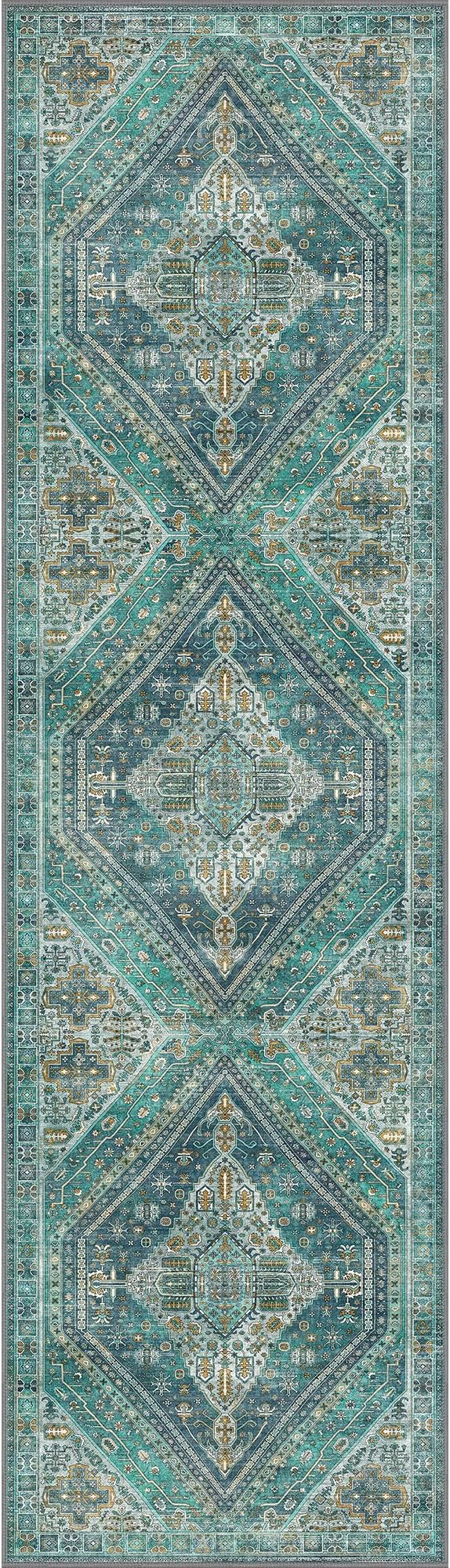 Bavni Runner Rug 2x10 Kitchen Rugs for Hallways Entryway, Washable Vintage Print Carpet, Ultra-Thin Chenille Low Pile Lightweight Rug with Non Slip Backing, Blue/Green