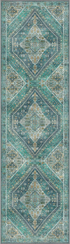Bavni Kitchen Rug 2x7 Runner Rugs for Hallways Entryway, Washable Vintage Print Carpet, Ultra-Thin Chenille Low Pile Lightweight Rug with Non Slip Backing, Blue/Green