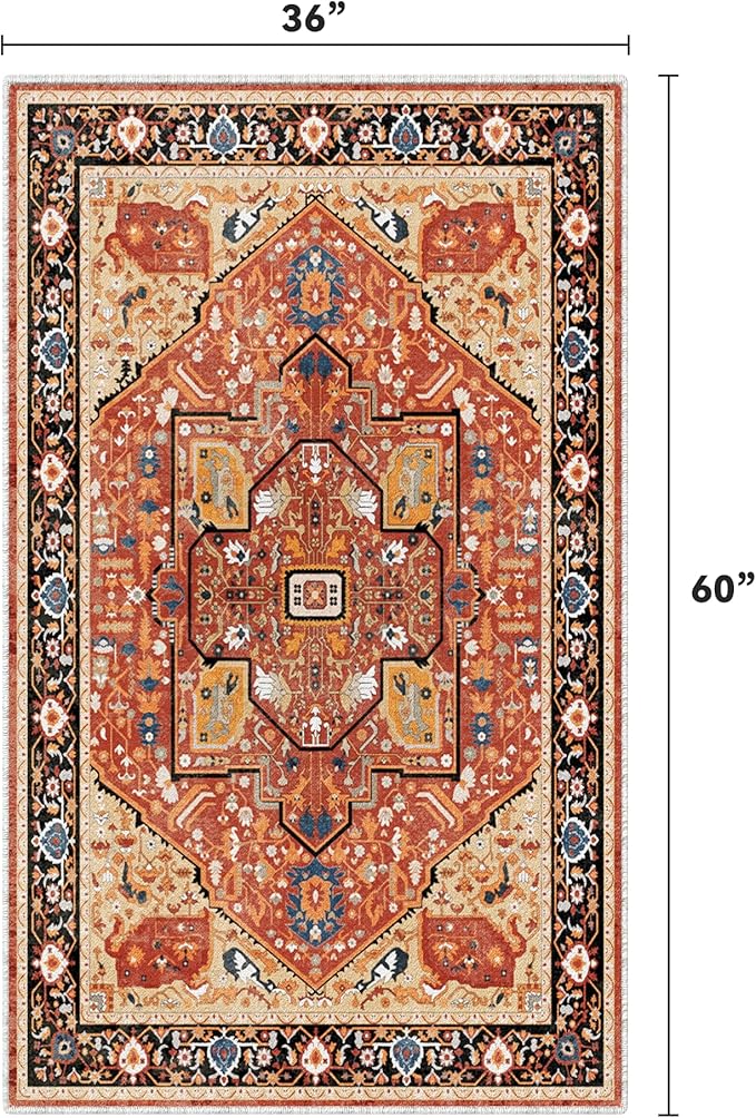 EnHomee 3x5 Washable Area Rugs for Bedroom, Boho Vintage Rugs, Foldable Area Rug for Dining Room, Non-Slip Soft Living Room Rug, Low Pile Large Carpet for Bathroom, Red