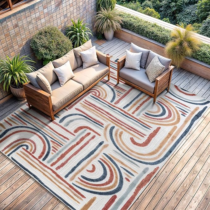 CAMILSON Indoor Outdoor Rug, Multicolor 8x10 Geometric Arch Striped Area Rugs for Patio and Home Areas, Easy-Cleaning Non-Shedding Living Room, Garden and Deck Washable Outside Carpet (8 x 10)