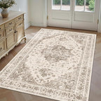 3x5 Vintage Washable Area Rugs Boho Medallion Large Distressed Retro Accent Carpet Floral Non-Slip Soft Low Pile Indoor Throw Rug for Living Room Bedroom Dining Room Office Kitchen, Taupe