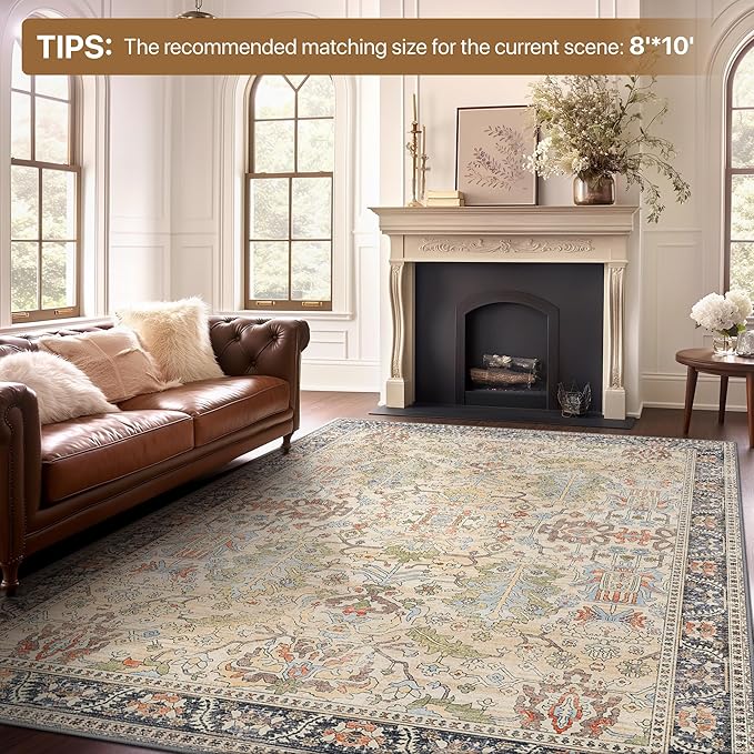 Bavni Area Rugs 9x12 Living Room Clearance Washable Large Carpet for Bedroom Non-Slip, Ultra Thin Low Pile Modern Printed Decorative Rug for Dinning Room Office, Ivory/Teal
