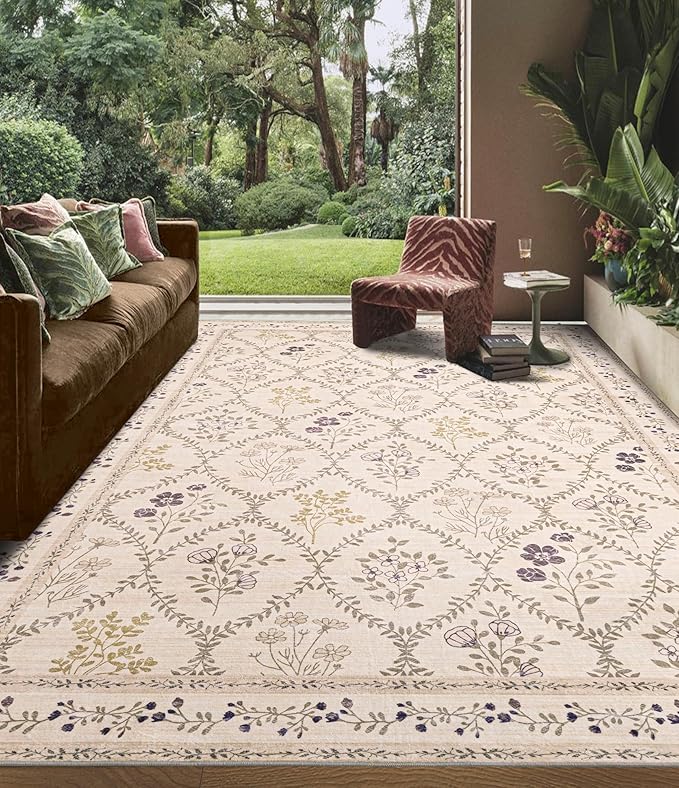 YIHOUSE Beige Floral Print Rugs, Moroccan Trellis 9x12 Washable Large Rug, Modern Pastel Non Slip Ultra-Thin Area Rug for Classroom, Nursery Playroom,Dorm,Bedroom,Living Room, Beige Multi